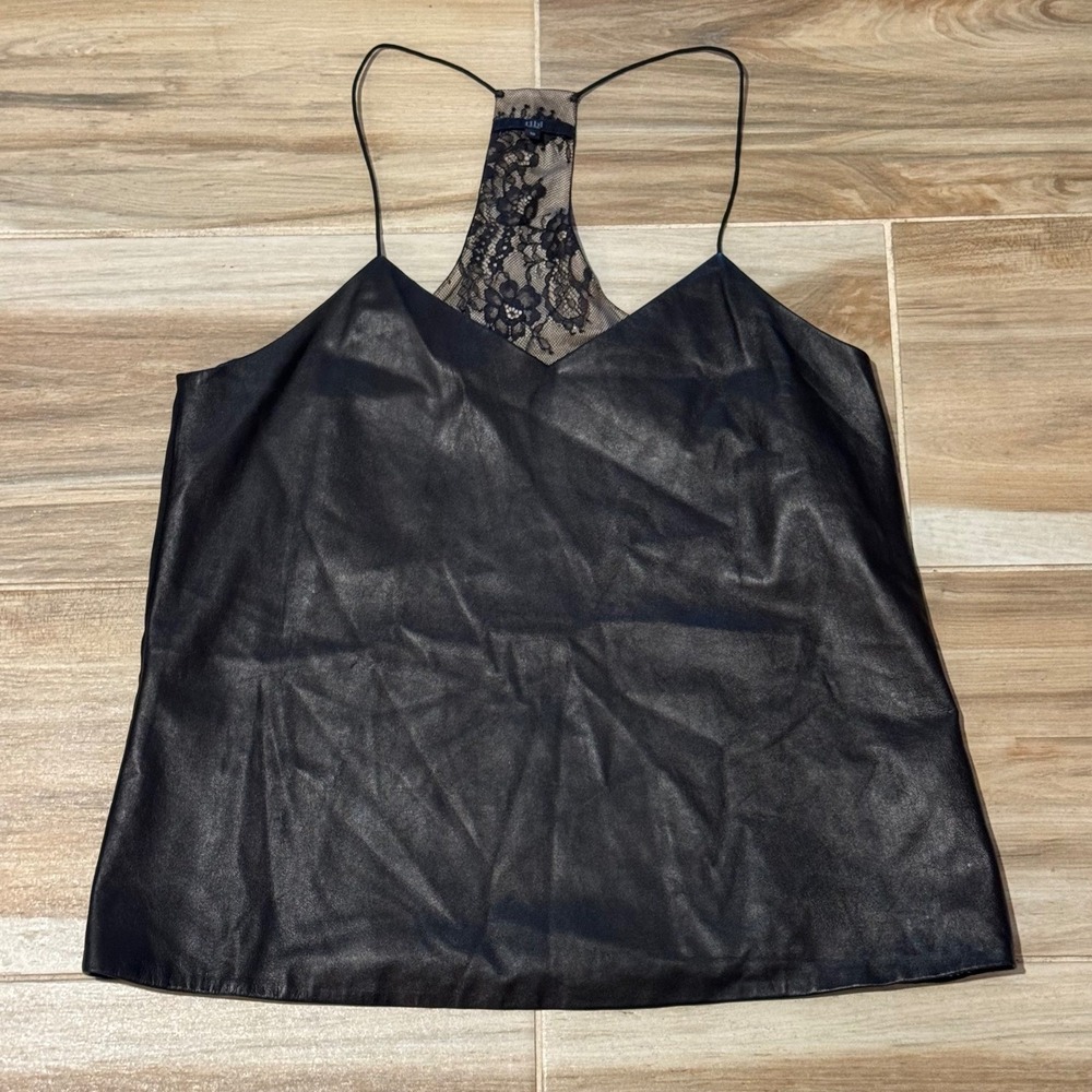 Tibi New York Black Lamb Leather Lace Racerback Cami Tank Top Size 10